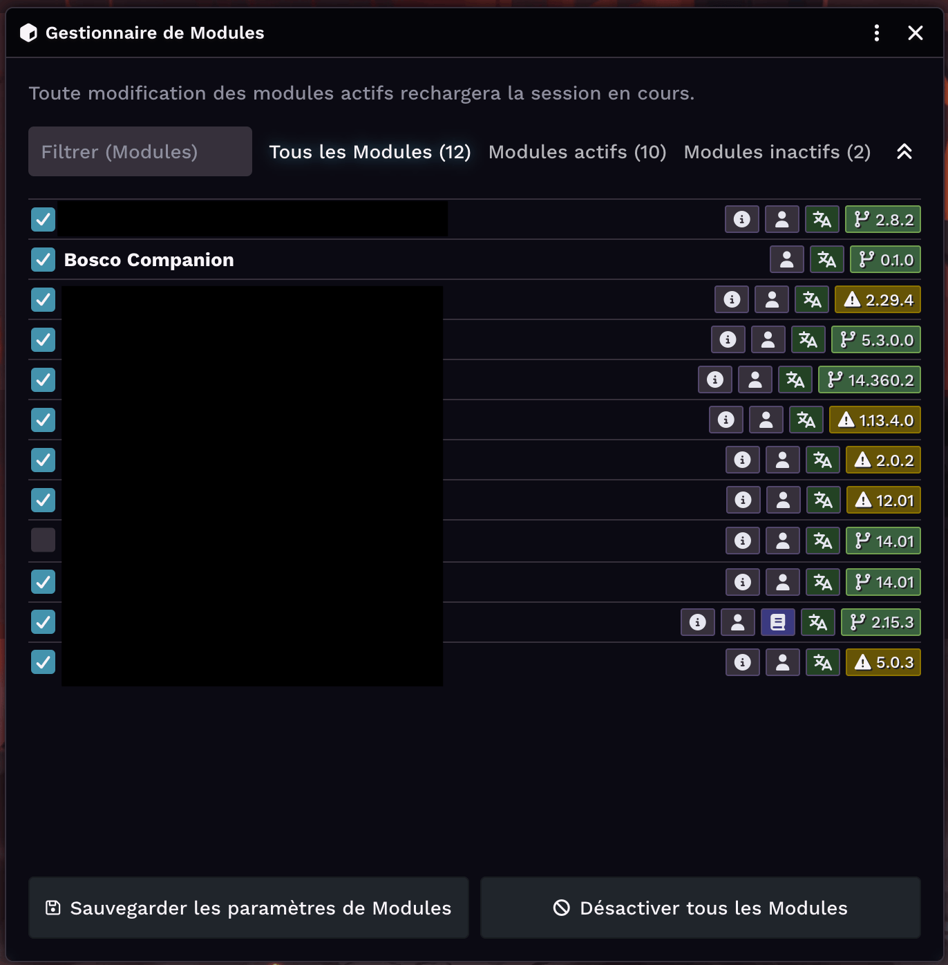 Liste Manage Modules de Foundry avec Bosco Companion coché